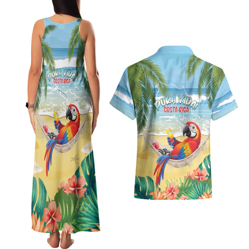 Pura Vida Costa Rica Couples Matching Tank Maxi Dress and Hawaiian Shirt Chilling Scarlet Macaw Tropical Vibes - Wonder Print Shop
