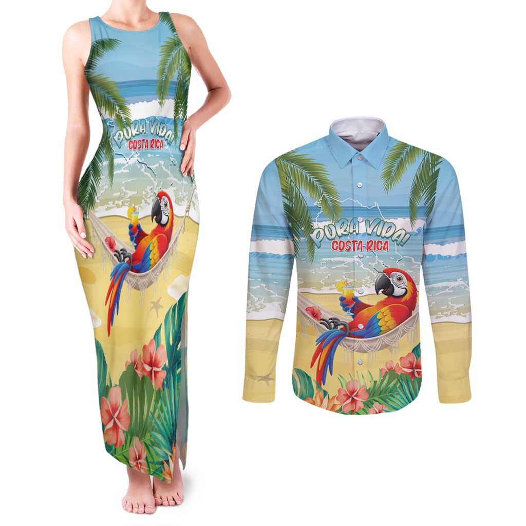 Pura Vida Costa Rica Couples Matching Tank Maxi Dress and Long Sleeve Button Shirt Chilling Scarlet Macaw Tropical Vibes - Wonder Print Shop