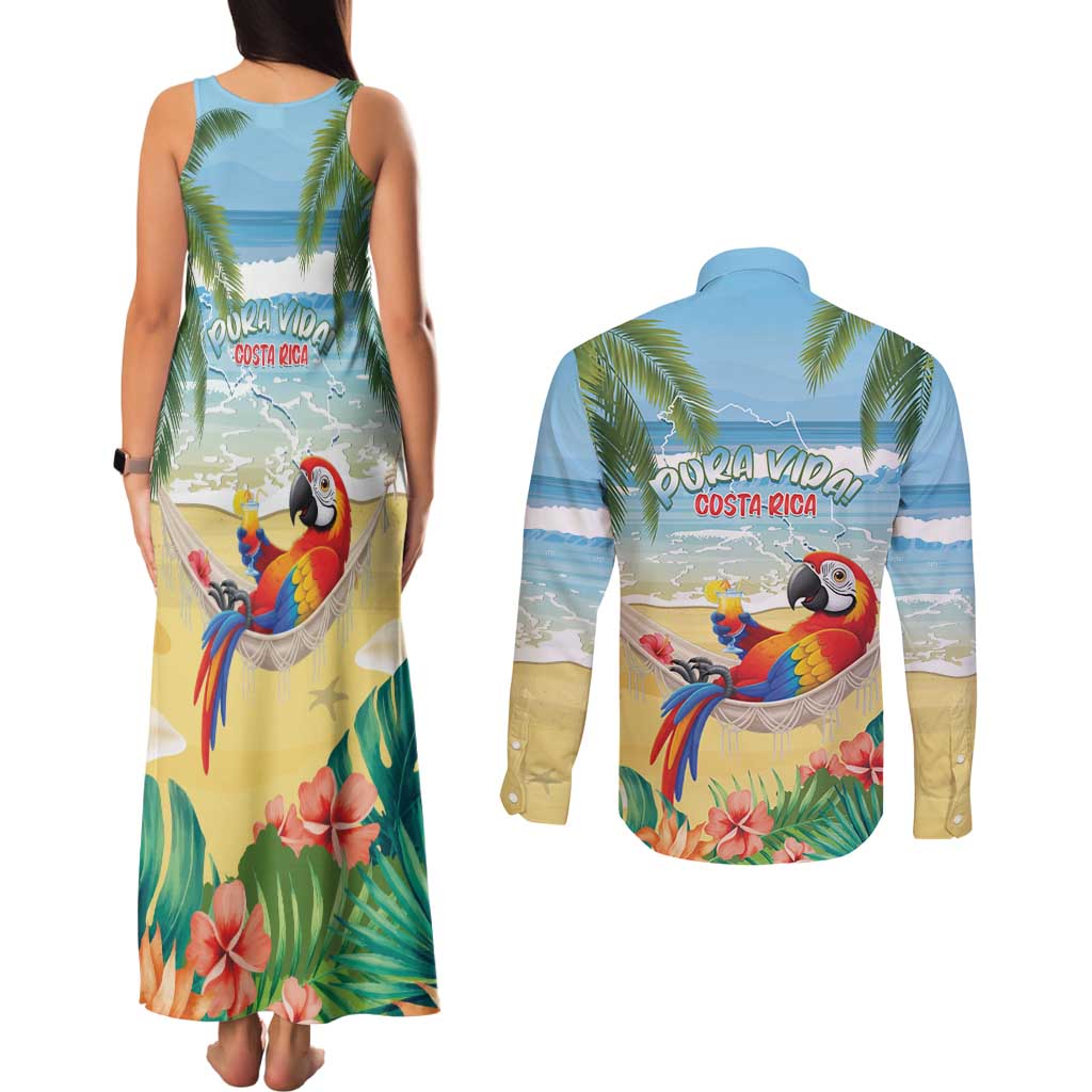Pura Vida Costa Rica Couples Matching Tank Maxi Dress and Long Sleeve Button Shirt Chilling Scarlet Macaw Tropical Vibes - Wonder Print Shop