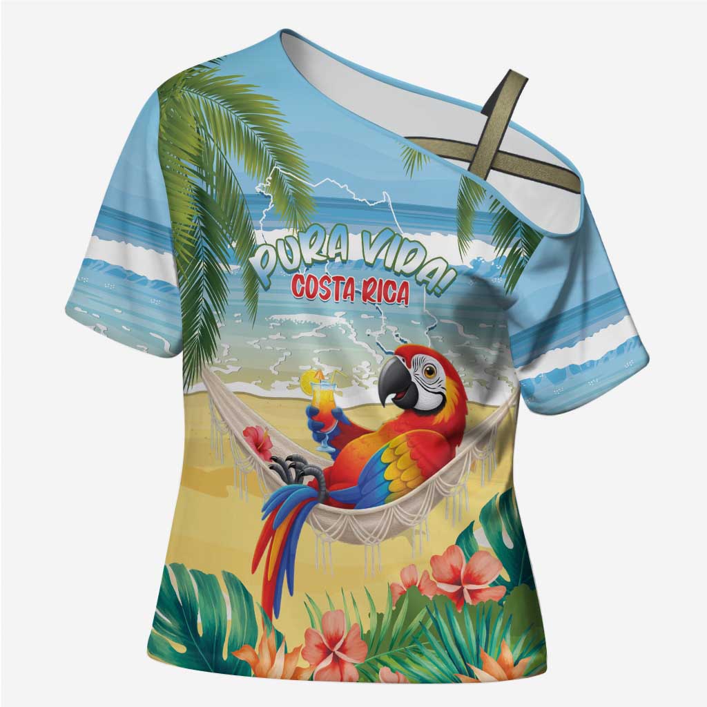 Pura Vida Costa Rica Cross Shoulder Shirt Chilling Scarlet Macaw Tropical Vibes - Wonder Print Shop