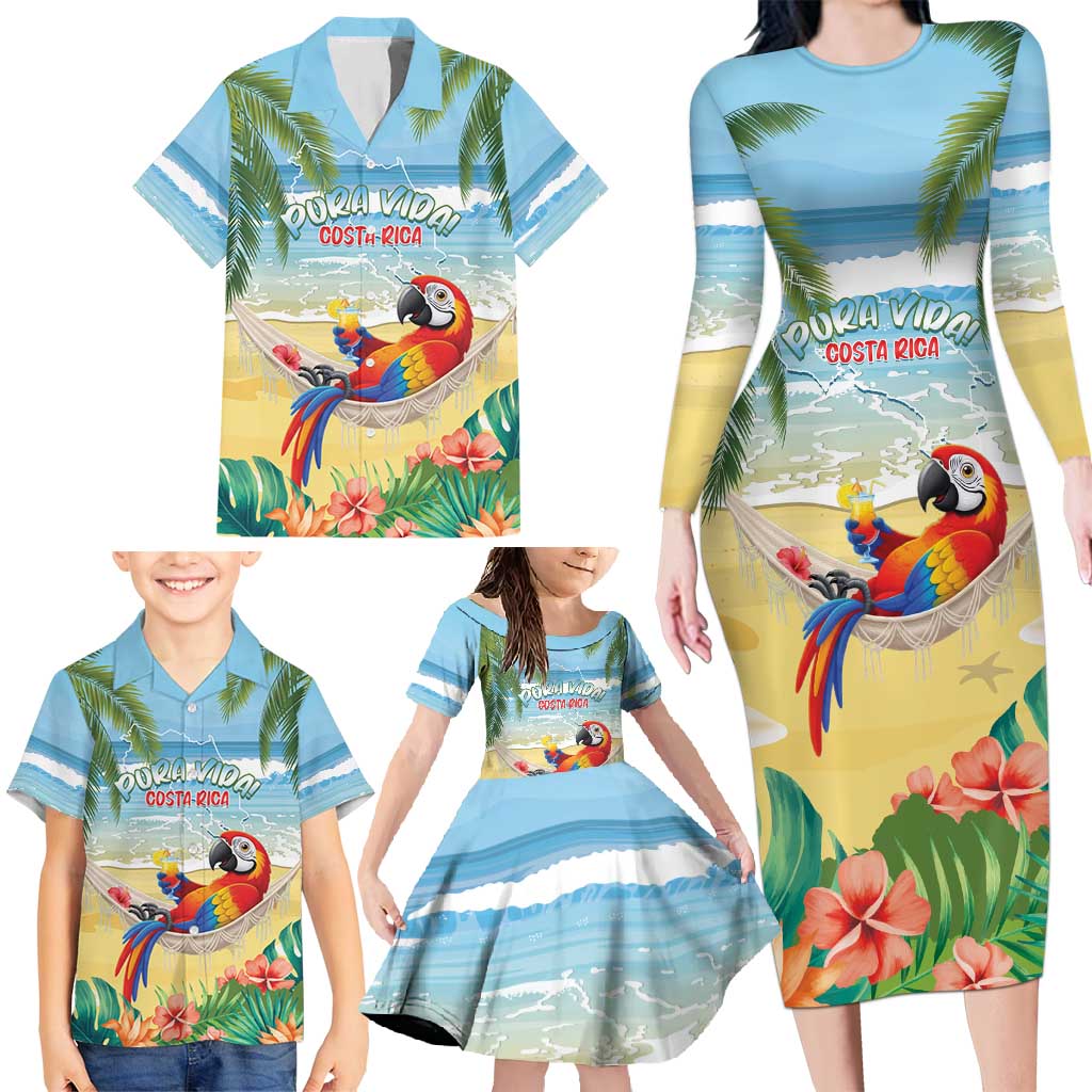 Pura Vida Costa Rica Family Matching Long Sleeve Bodycon Dress and Hawaiian Shirt Chilling Scarlet Macaw Tropical Vibes - Wonder Print Shop