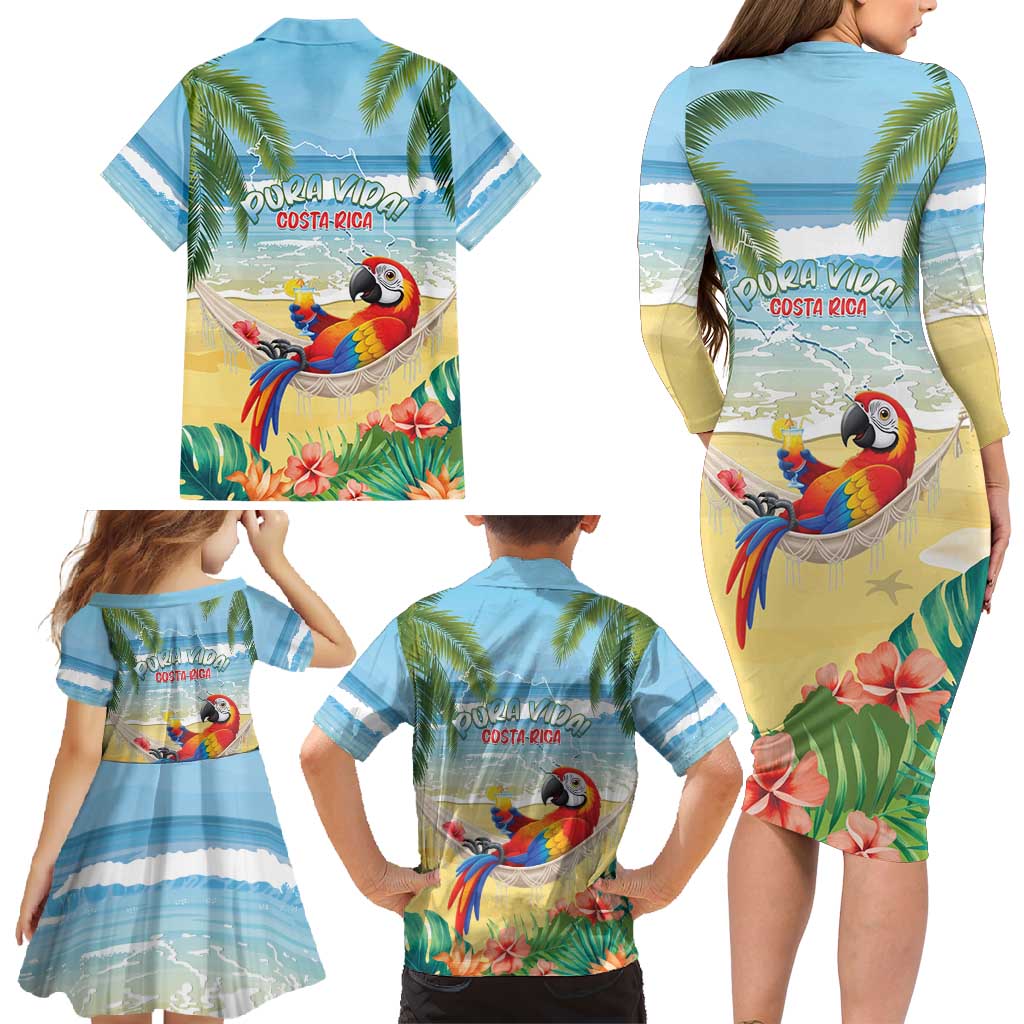 Pura Vida Costa Rica Family Matching Long Sleeve Bodycon Dress and Hawaiian Shirt Chilling Scarlet Macaw Tropical Vibes - Wonder Print Shop