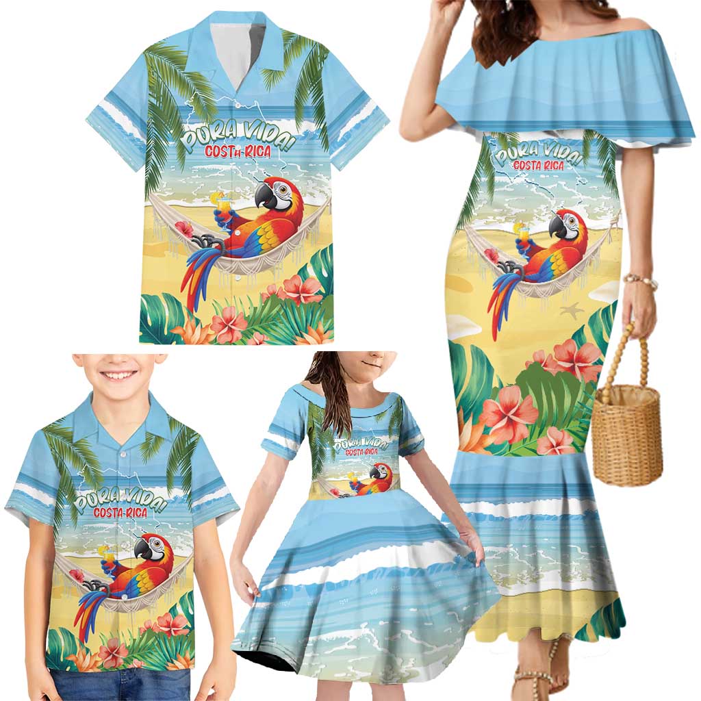 Pura Vida Costa Rica Family Matching Mermaid Dress and Hawaiian Shirt Chilling Scarlet Macaw Tropical Vibes - Wonder Print Shop