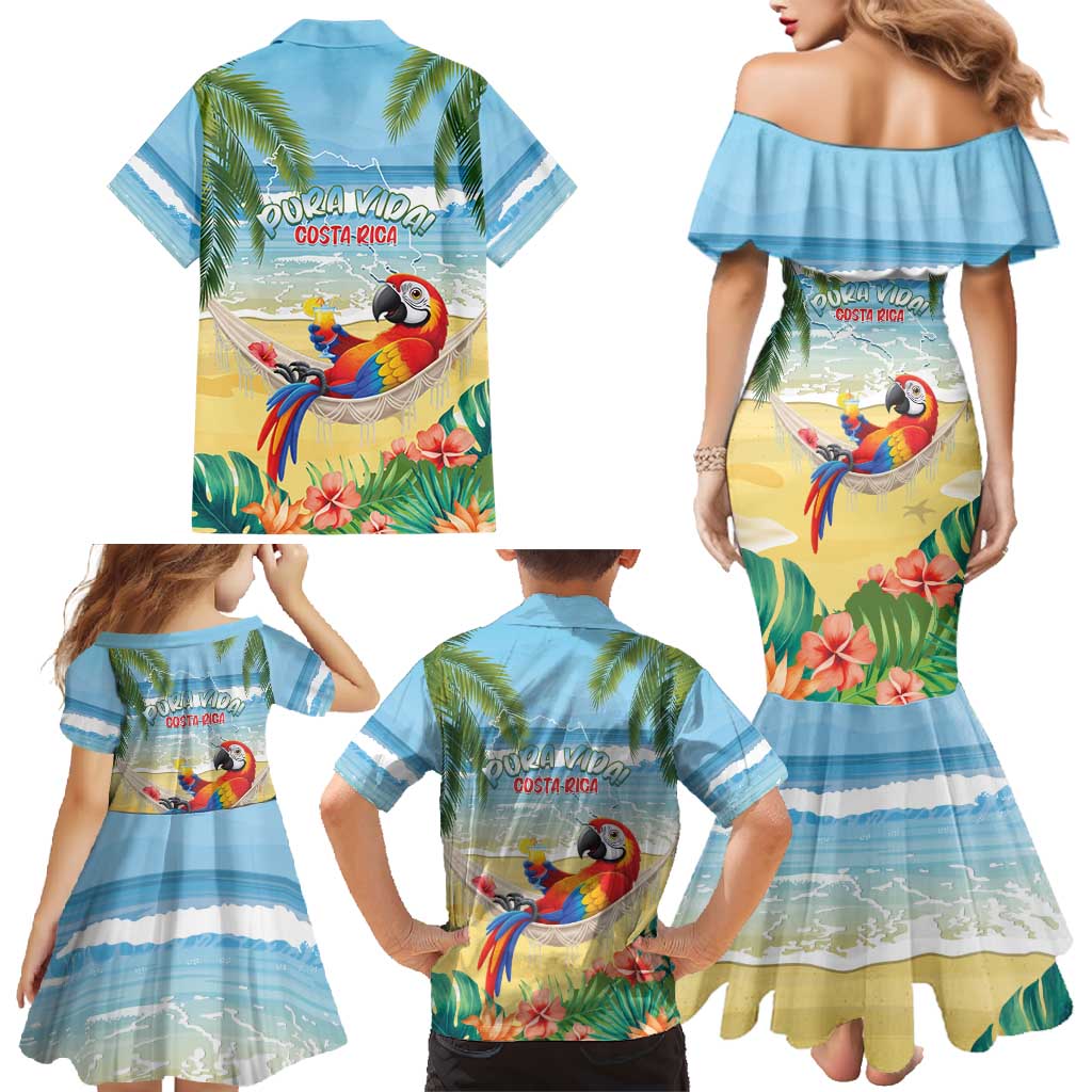 Pura Vida Costa Rica Family Matching Mermaid Dress and Hawaiian Shirt Chilling Scarlet Macaw Tropical Vibes - Wonder Print Shop