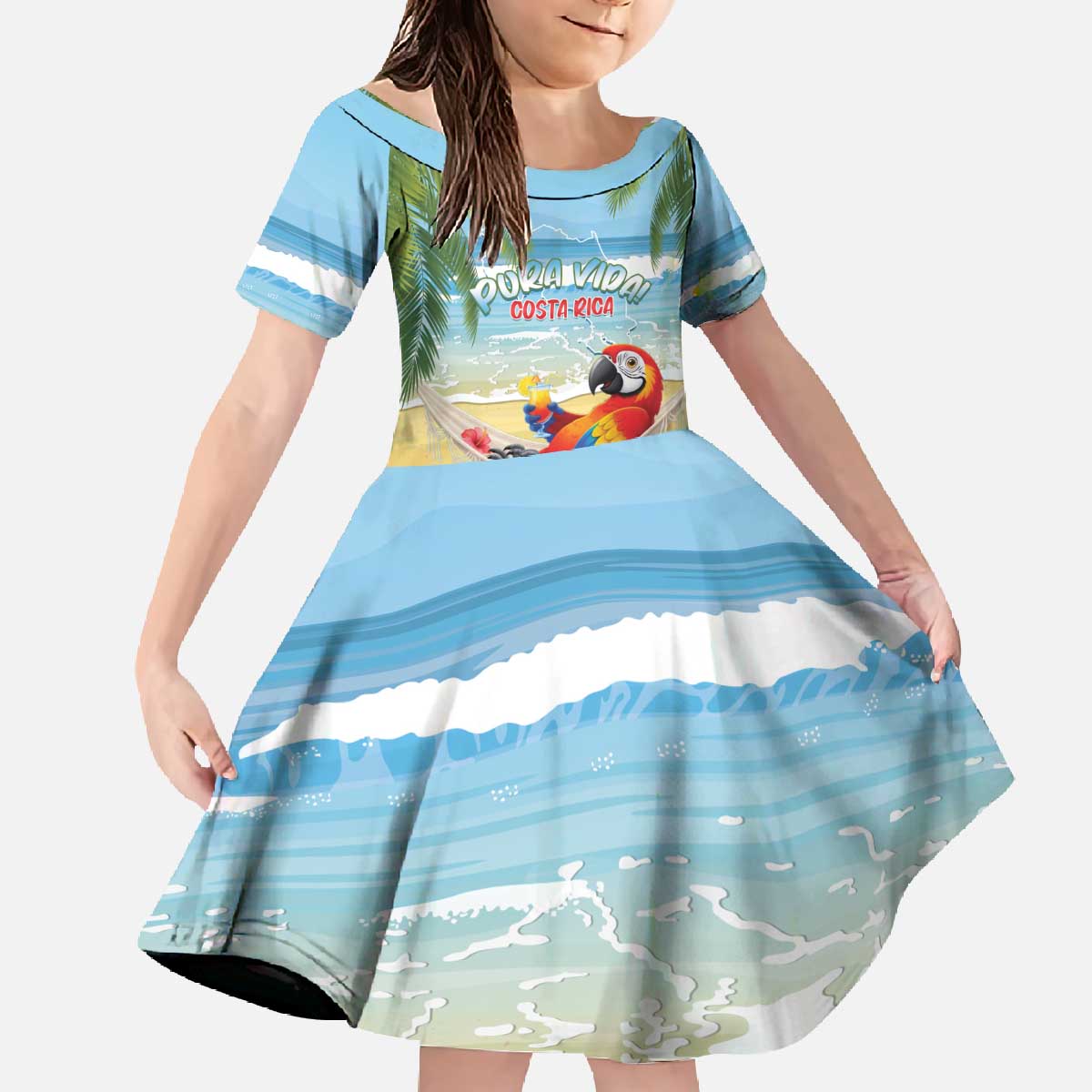 Pura Vida Costa Rica Family Matching Off The Shoulder Long Sleeve Dress and Hawaiian Shirt Chilling Scarlet Macaw Tropical Vibes - Wonder Print Shop