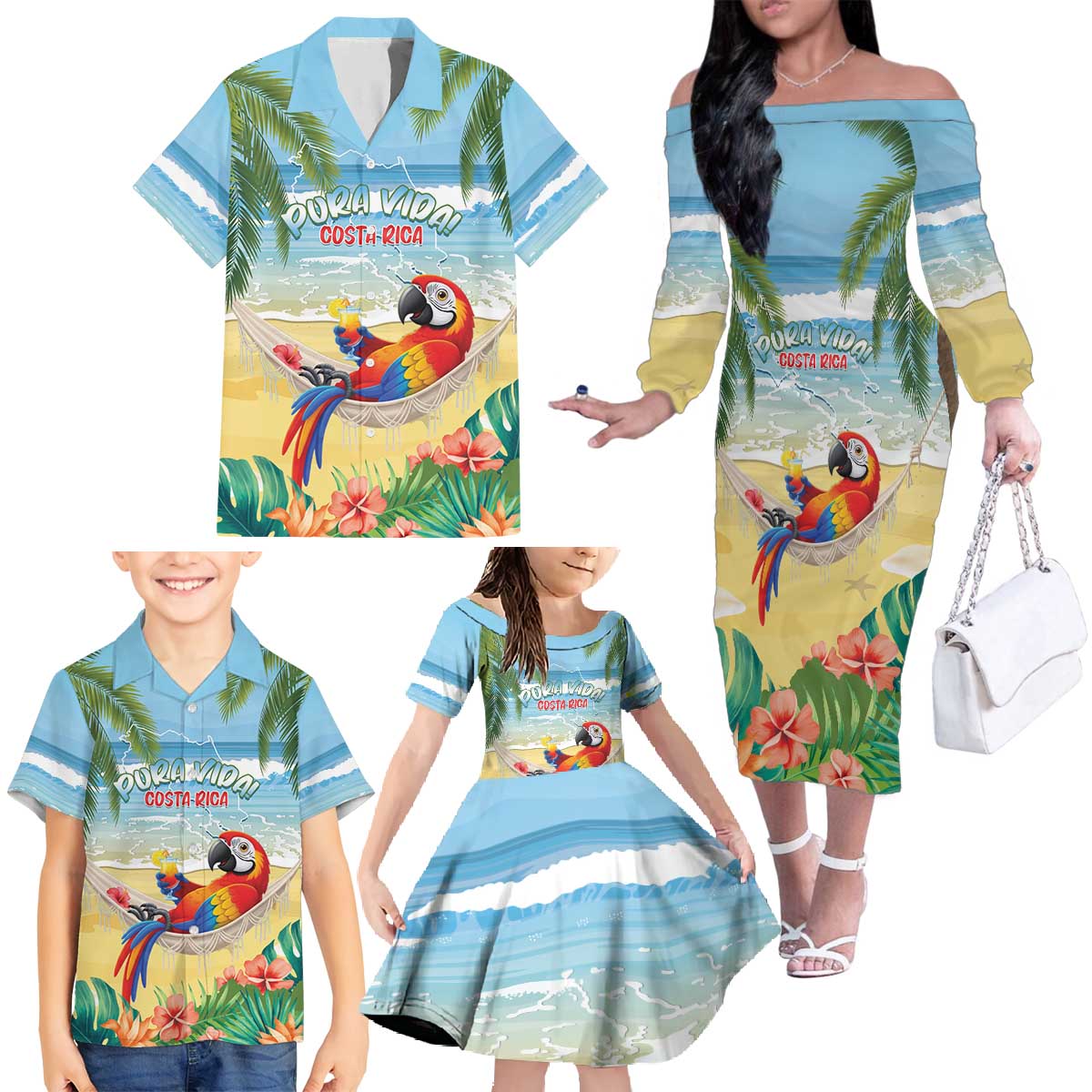 Pura Vida Costa Rica Family Matching Off The Shoulder Long Sleeve Dress and Hawaiian Shirt Chilling Scarlet Macaw Tropical Vibes - Wonder Print Shop