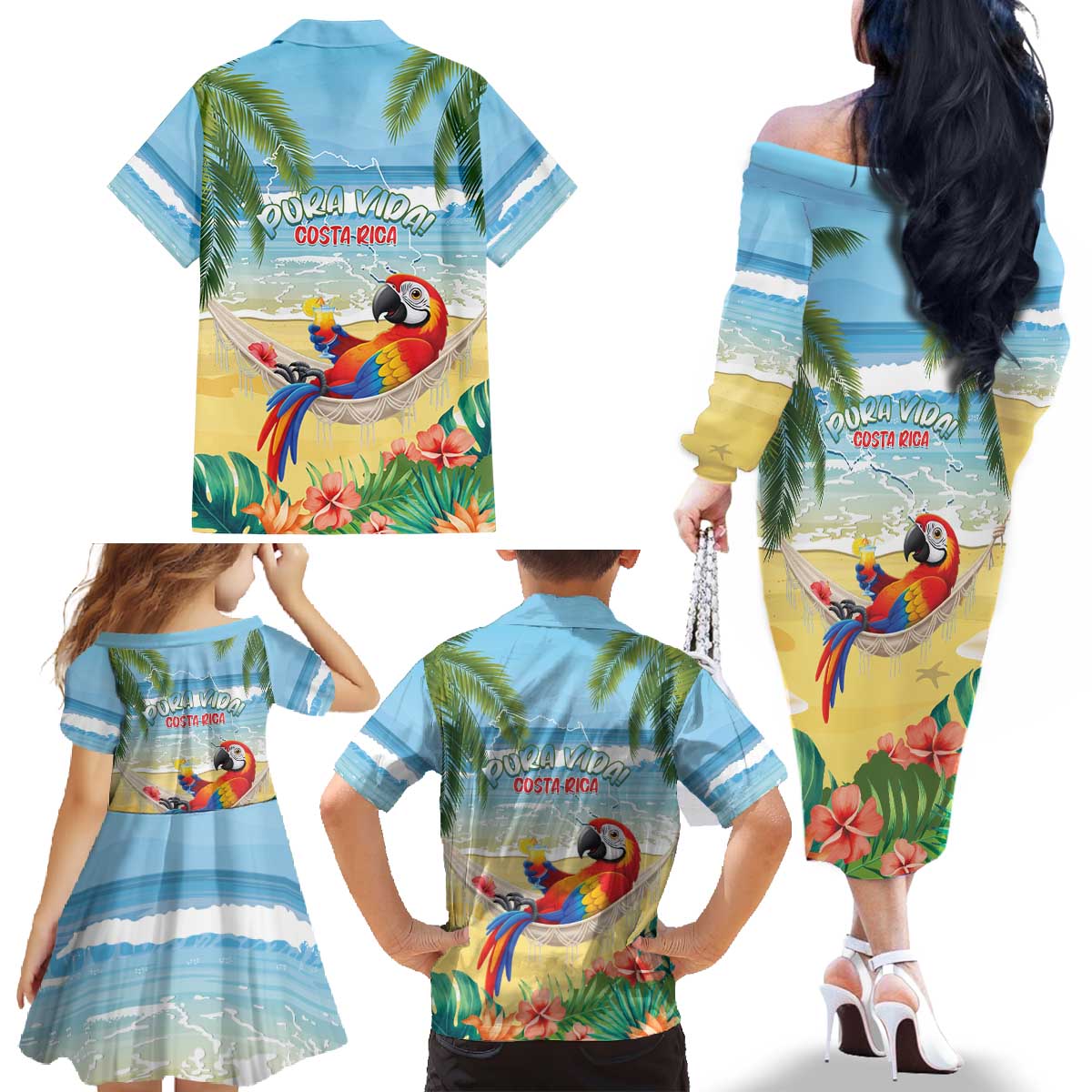 Pura Vida Costa Rica Family Matching Off The Shoulder Long Sleeve Dress and Hawaiian Shirt Chilling Scarlet Macaw Tropical Vibes - Wonder Print Shop
