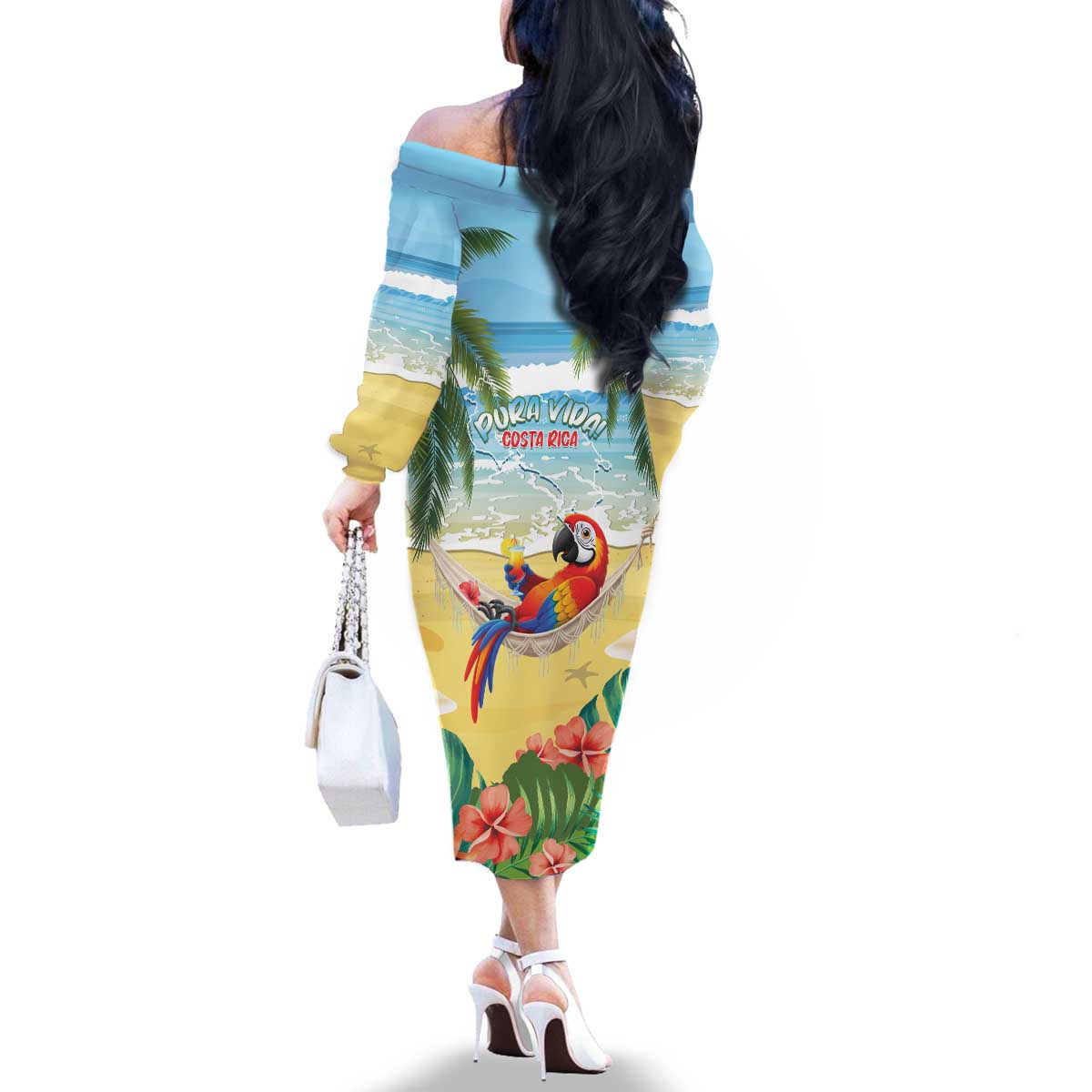 Pura Vida Costa Rica Family Matching Off The Shoulder Long Sleeve Dress and Hawaiian Shirt Chilling Scarlet Macaw Tropical Vibes - Wonder Print Shop
