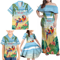 Pura Vida Costa Rica Family Matching Off Shoulder Maxi Dress and Hawaiian Shirt Chilling Scarlet Macaw Tropical Vibes - Wonder Print Shop