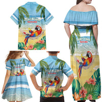 Pura Vida Costa Rica Family Matching Off Shoulder Maxi Dress and Hawaiian Shirt Chilling Scarlet Macaw Tropical Vibes - Wonder Print Shop