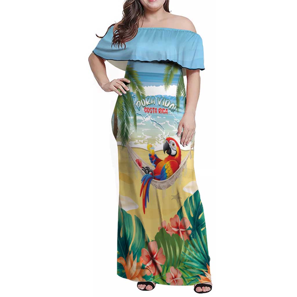 Pura Vida Costa Rica Family Matching Off Shoulder Maxi Dress and Hawaiian Shirt Chilling Scarlet Macaw Tropical Vibes - Wonder Print Shop