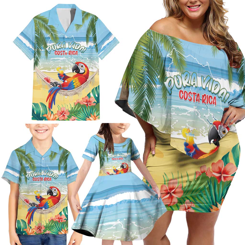 Pura Vida Costa Rica Family Matching Off Shoulder Short Dress and Hawaiian Shirt Chilling Scarlet Macaw Tropical Vibes - Wonder Print Shop
