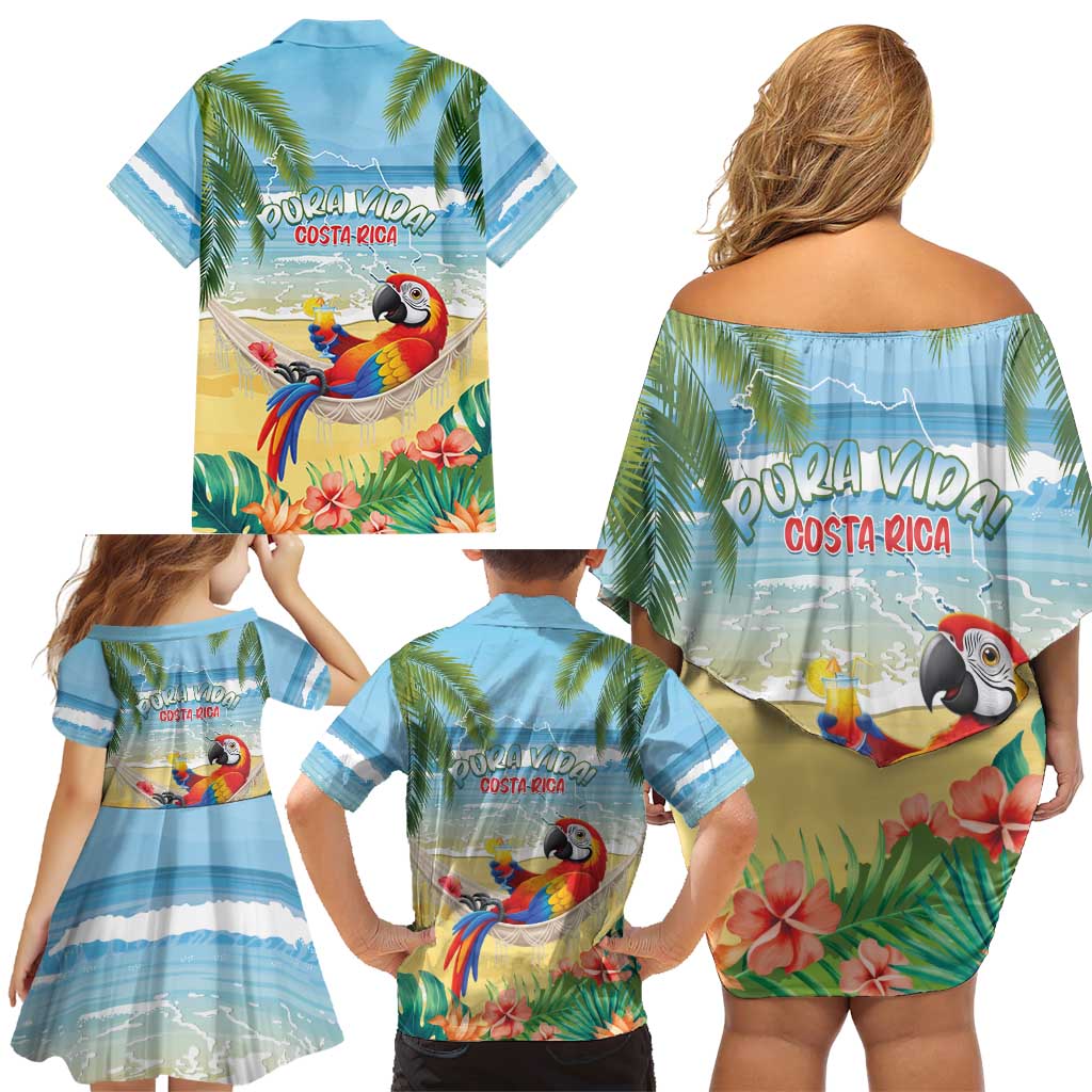 Pura Vida Costa Rica Family Matching Off Shoulder Short Dress and Hawaiian Shirt Chilling Scarlet Macaw Tropical Vibes - Wonder Print Shop