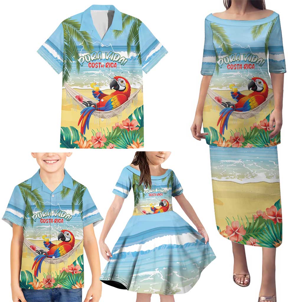 Pura Vida Costa Rica Family Matching Puletasi and Hawaiian Shirt Chilling Scarlet Macaw Tropical Vibes - Wonder Print Shop