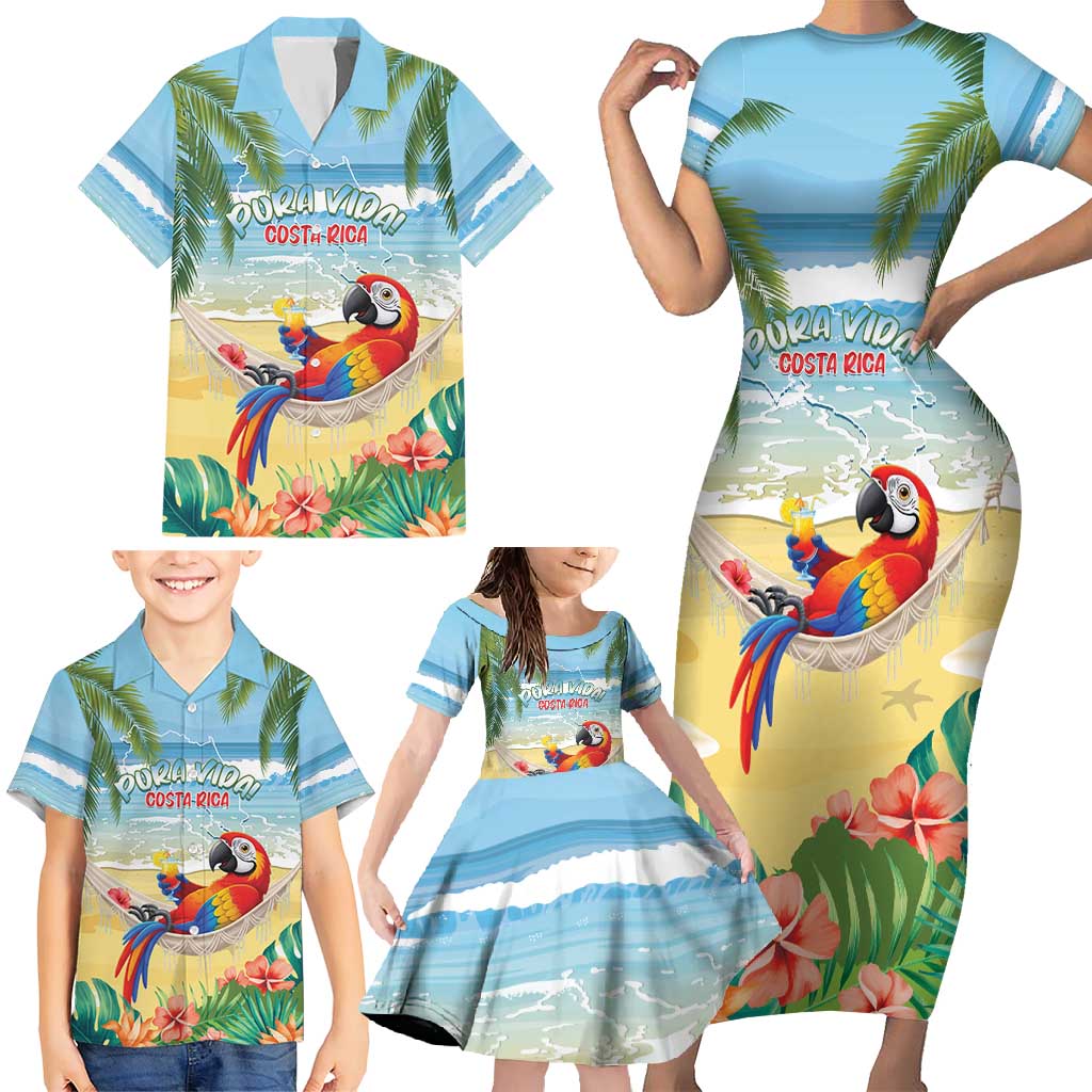 Pura Vida Costa Rica Family Matching Short Sleeve Bodycon Dress and Hawaiian Shirt Chilling Scarlet Macaw Tropical Vibes - Wonder Print Shop