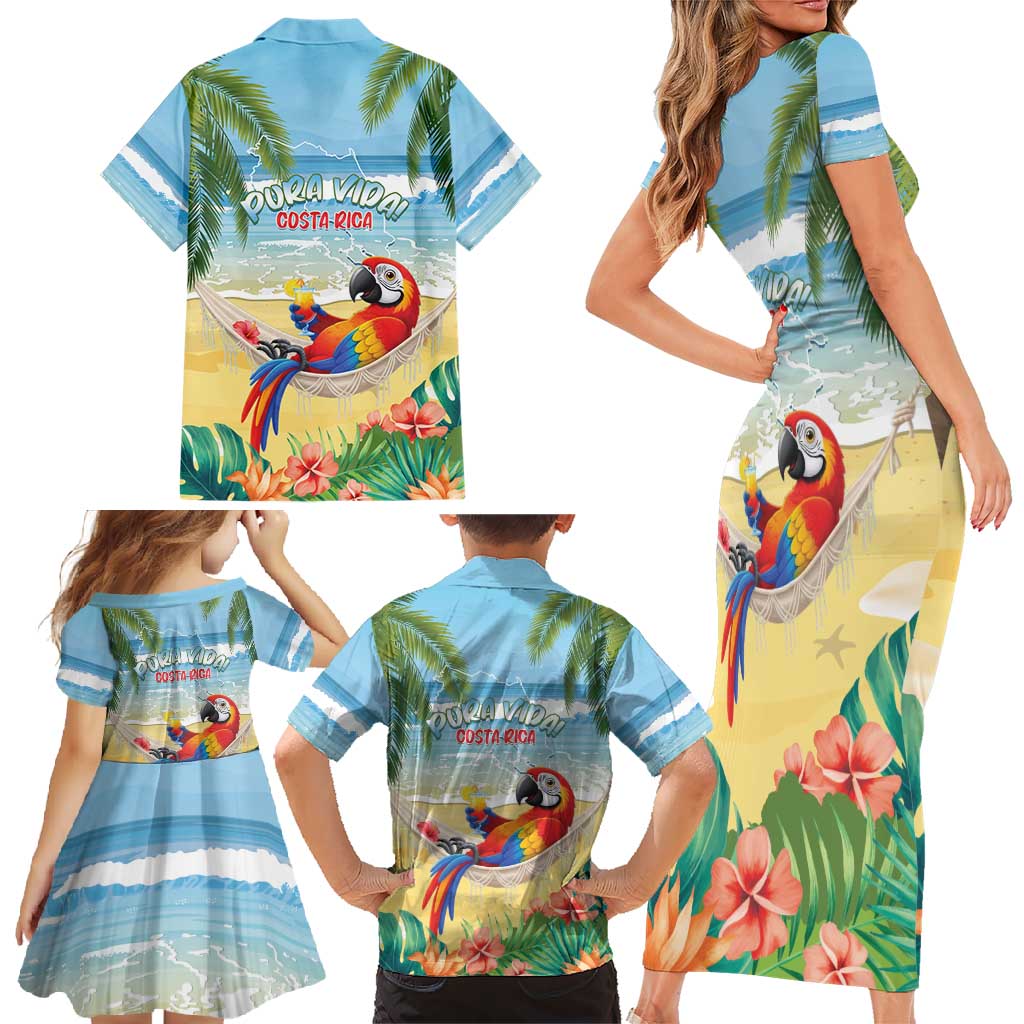 Pura Vida Costa Rica Family Matching Short Sleeve Bodycon Dress and Hawaiian Shirt Chilling Scarlet Macaw Tropical Vibes - Wonder Print Shop