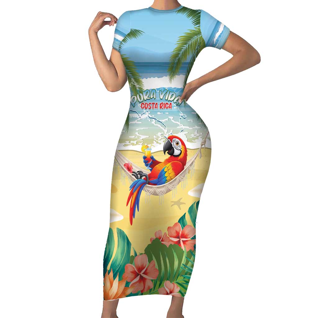 Pura Vida Costa Rica Family Matching Short Sleeve Bodycon Dress and Hawaiian Shirt Chilling Scarlet Macaw Tropical Vibes - Wonder Print Shop