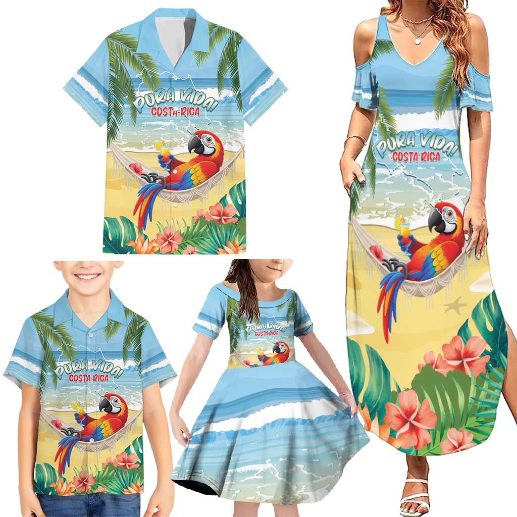 Pura Vida Costa Rica Family Matching Summer Maxi Dress and Hawaiian Shirt Chilling Scarlet Macaw Tropical Vibes - Wonder Print Shop