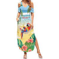 Pura Vida Costa Rica Family Matching Summer Maxi Dress and Hawaiian Shirt Chilling Scarlet Macaw Tropical Vibes - Wonder Print Shop