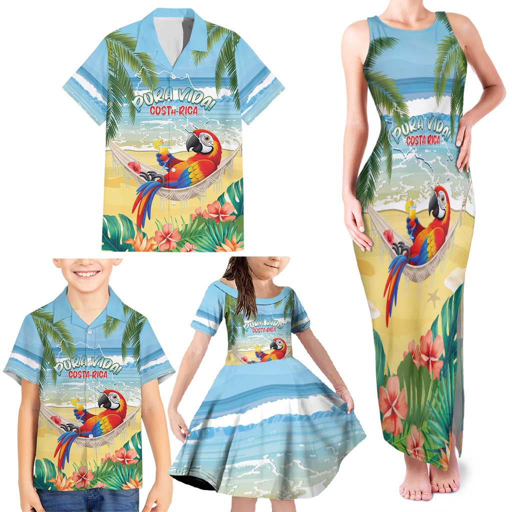 Pura Vida Costa Rica Family Matching Tank Maxi Dress and Hawaiian Shirt Chilling Scarlet Macaw Tropical Vibes - Wonder Print Shop