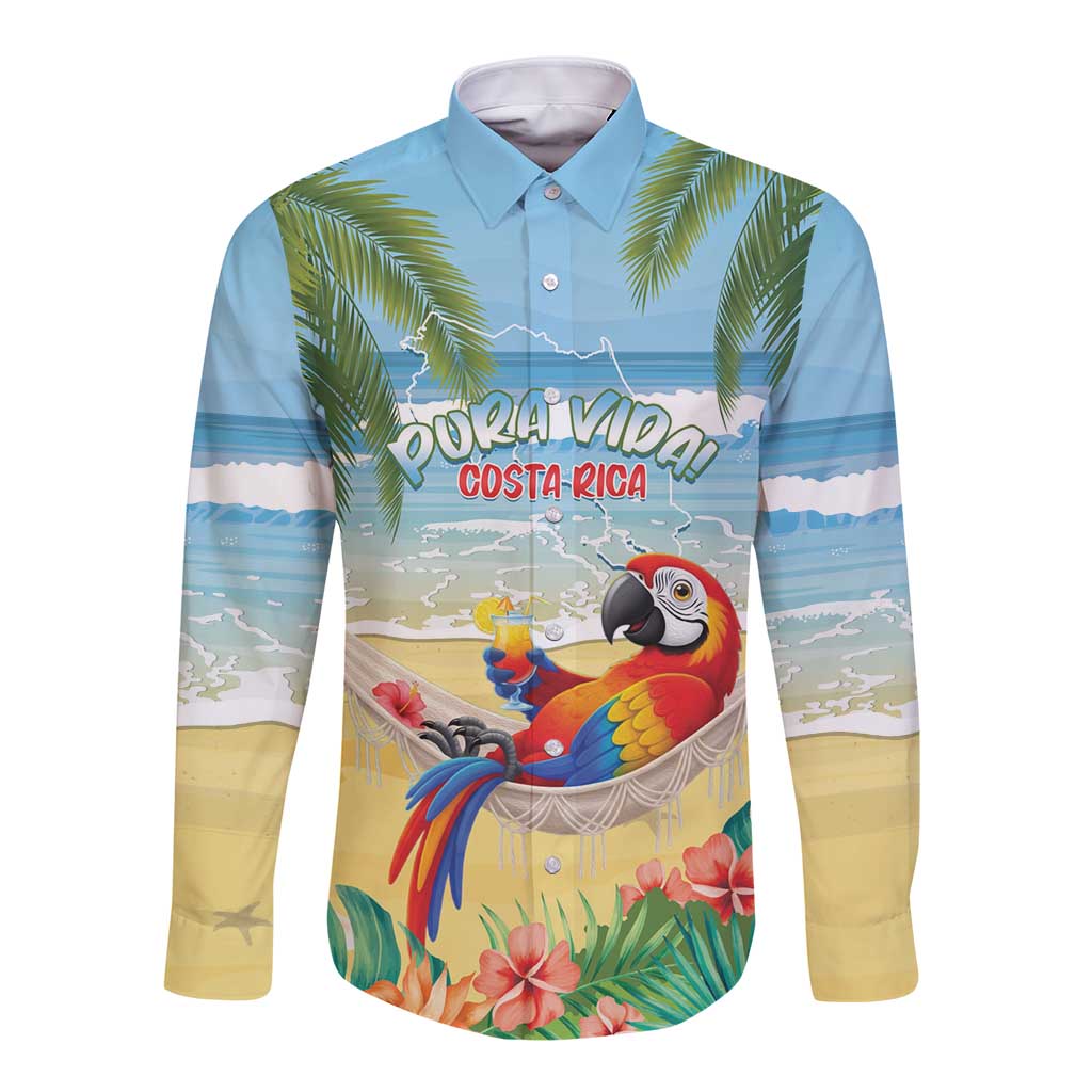 Pura Vida Costa Rica Long Sleeve Button Shirt Chilling Scarlet Macaw Tropical Vibes - Wonder Print Shop