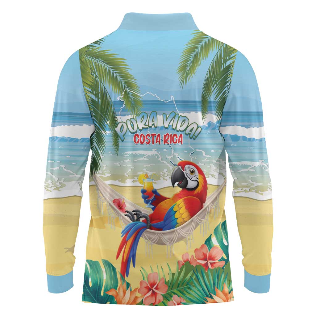 Pura Vida Costa Rica Long Sleeve Polo Shirt Chilling Scarlet Macaw Tropical Vibes - Wonder Print Shop