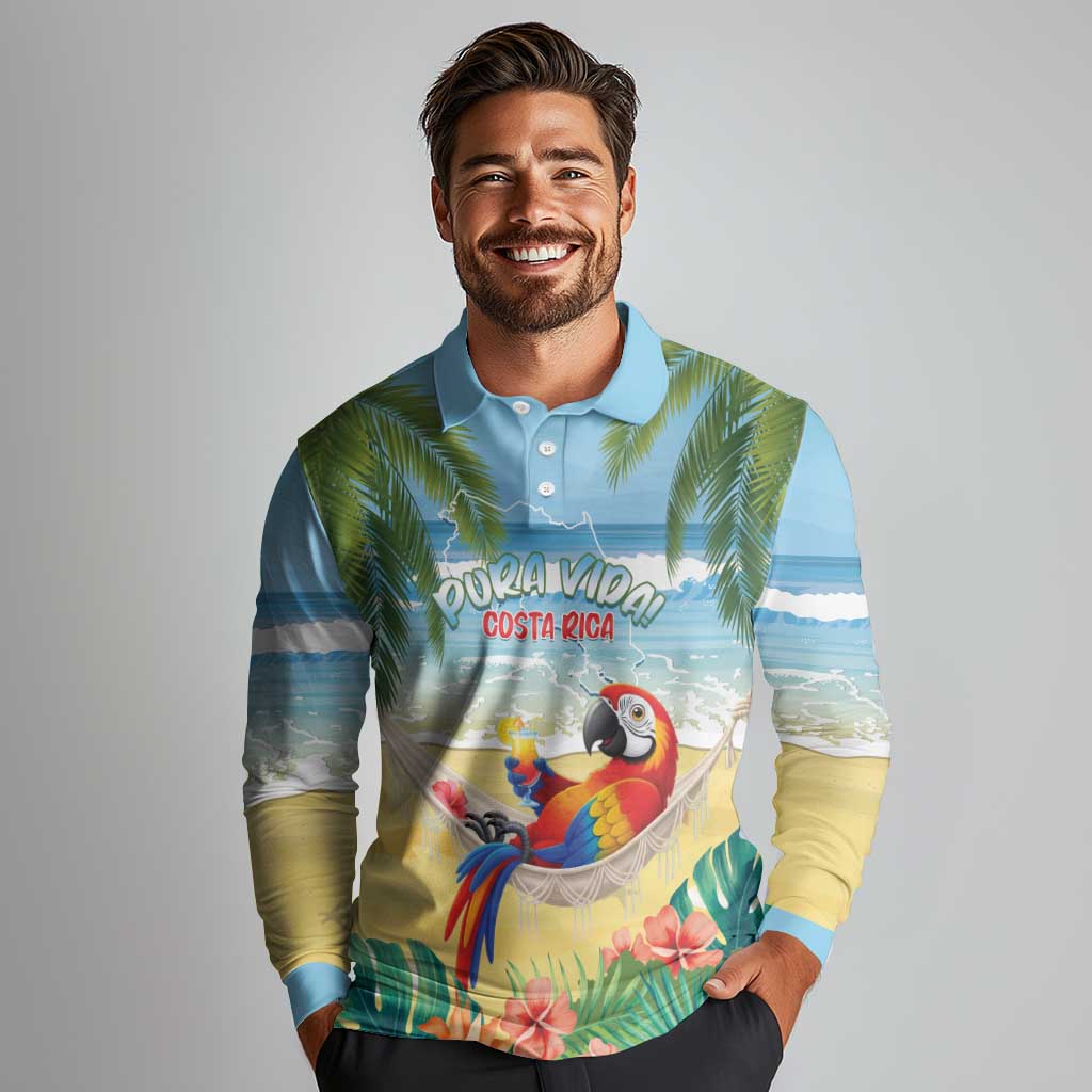 Pura Vida Costa Rica Long Sleeve Polo Shirt Chilling Scarlet Macaw Tropical Vibes - Wonder Print Shop