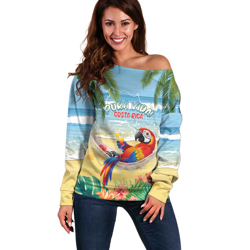 Pura Vida Costa Rica Off Shoulder Sweater Chilling Scarlet Macaw Tropical Vibes - Wonder Print Shop
