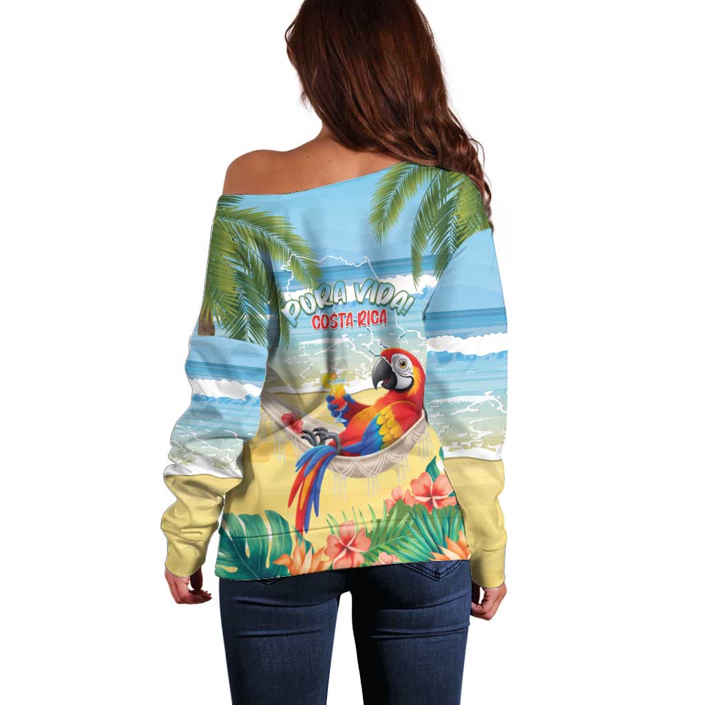 Pura Vida Costa Rica Off Shoulder Sweater Chilling Scarlet Macaw Tropical Vibes - Wonder Print Shop