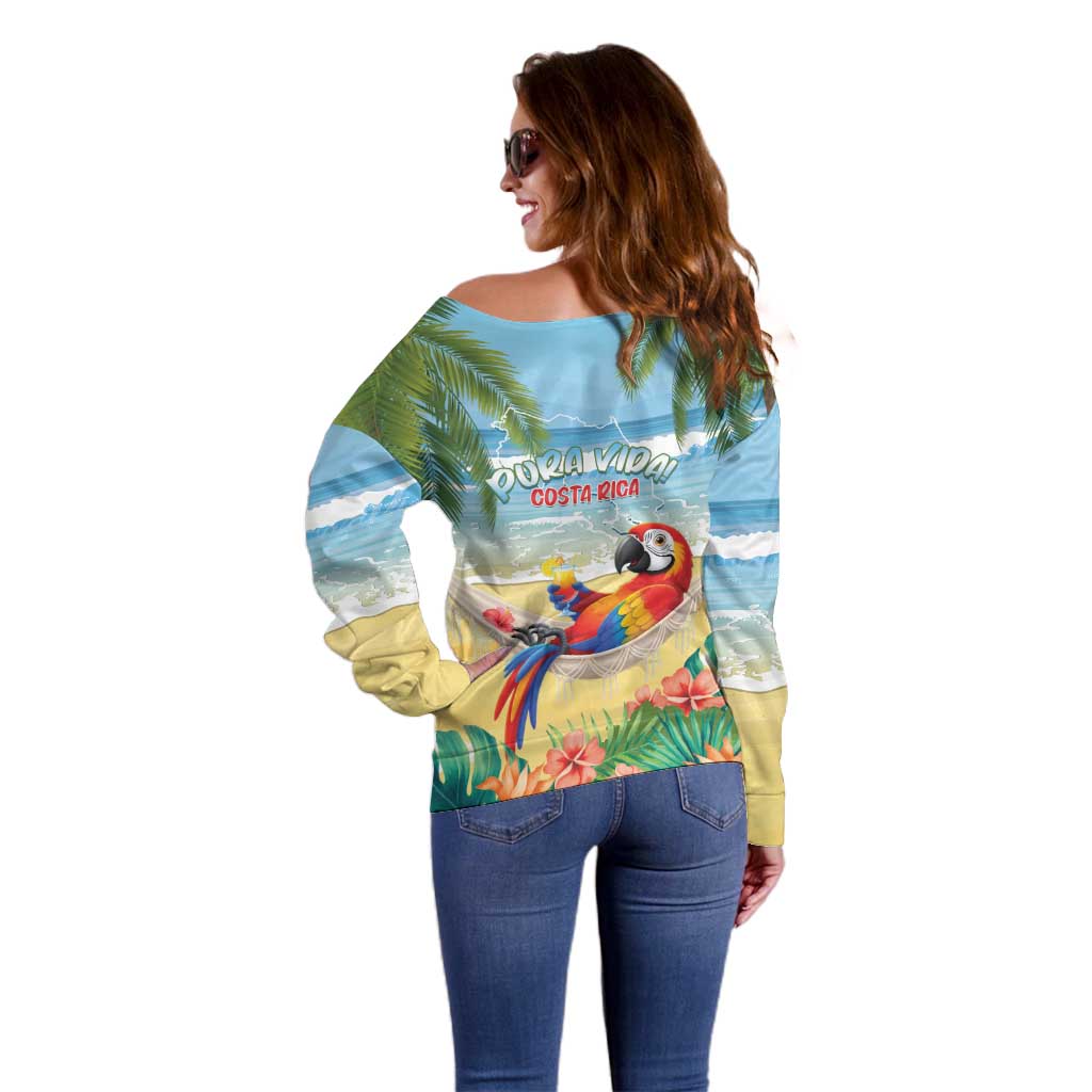 Pura Vida Costa Rica Off Shoulder Sweater Chilling Scarlet Macaw Tropical Vibes - Wonder Print Shop