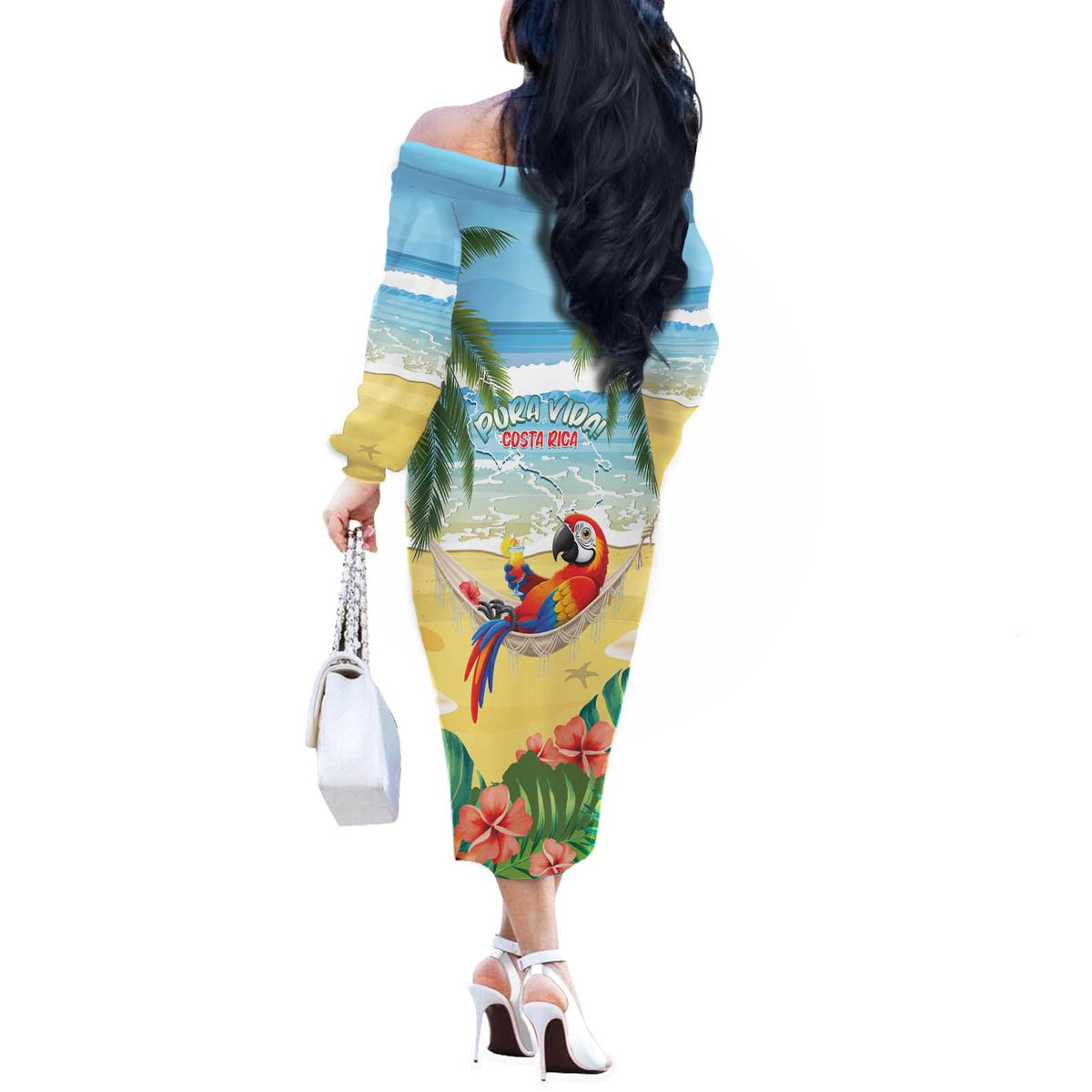 Pura Vida Costa Rica Off The Shoulder Long Sleeve Dress Chilling Scarlet Macaw Tropical Vibes - Wonder Print Shop