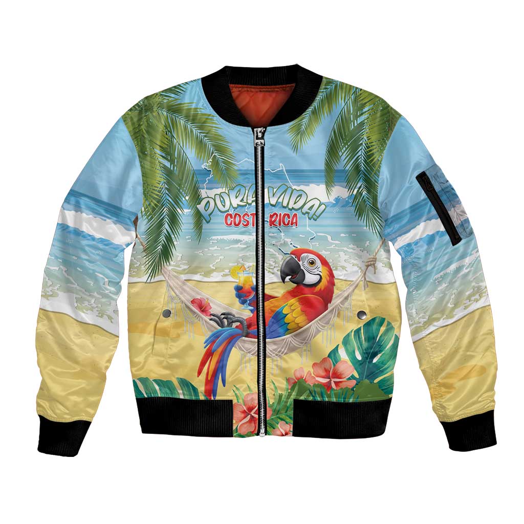 Pura Vida Costa Rica Sleeve Zip Bomber Jacket Chilling Scarlet Macaw Tropical Vibes - Wonder Print Shop
