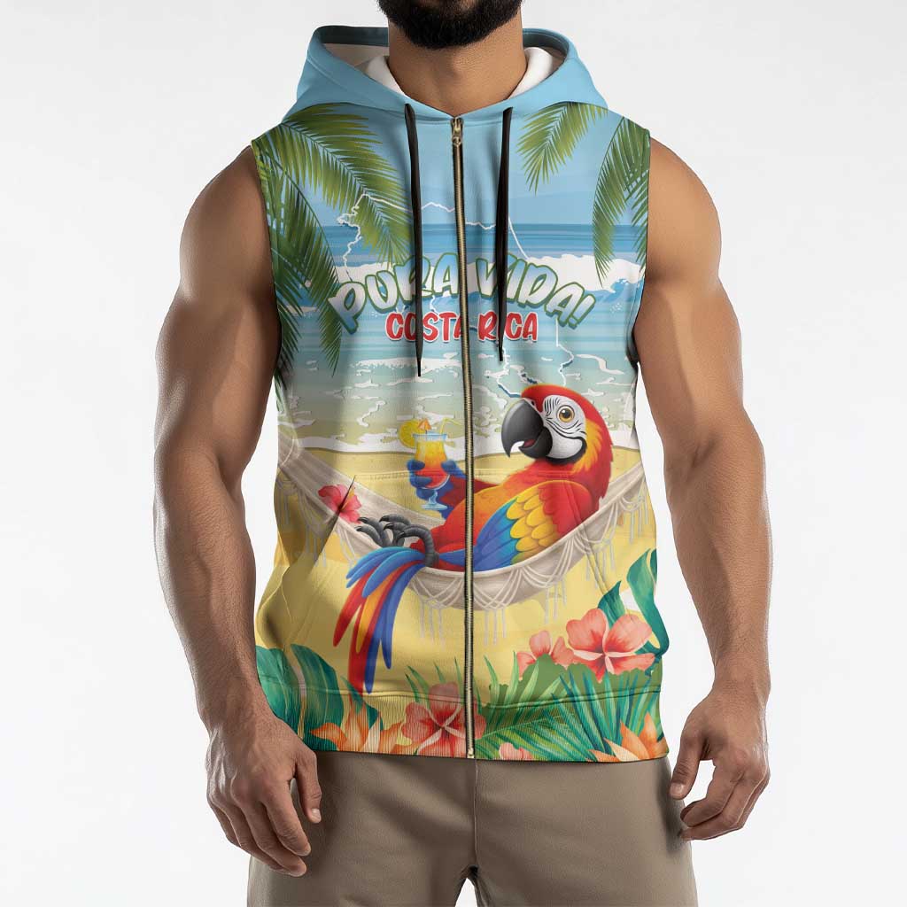Pura Vida Costa Rica Sleeveless Zip Hoodie Chilling Scarlet Macaw Tropical Vibes - Wonder Print Shop