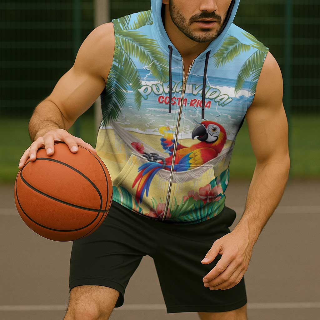 Pura Vida Costa Rica Sleeveless Zip Hoodie Chilling Scarlet Macaw Tropical Vibes - Wonder Print Shop