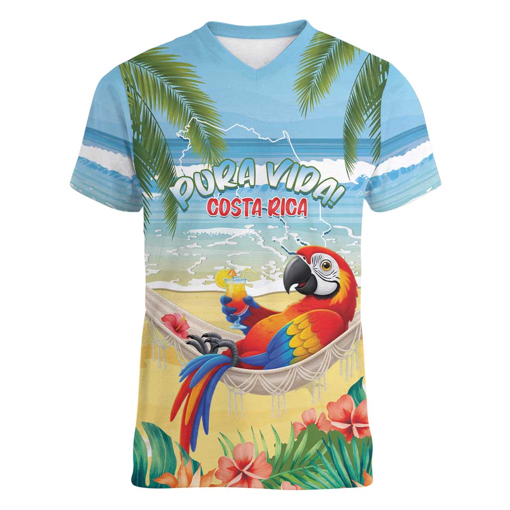 Pura Vida Costa Rica Women V-Neck T-Shirt Chilling Scarlet Macaw Tropical Vibes - Wonder Print Shop