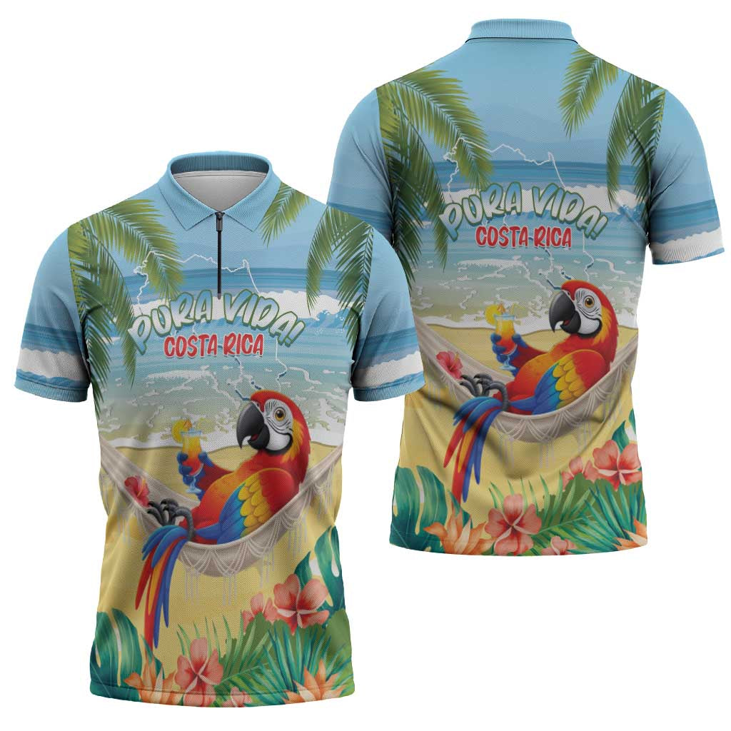 Pura Vida Costa Rica Zipper Polo Shirt Chilling Scarlet Macaw Tropical Vibes - Wonder Print Shop