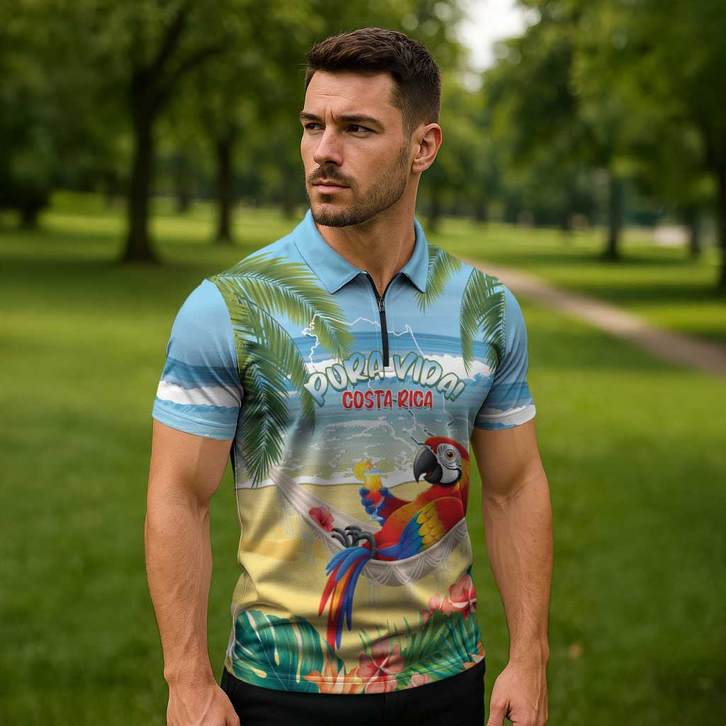 Pura Vida Costa Rica Zipper Polo Shirt Chilling Scarlet Macaw Tropical Vibes - Wonder Print Shop