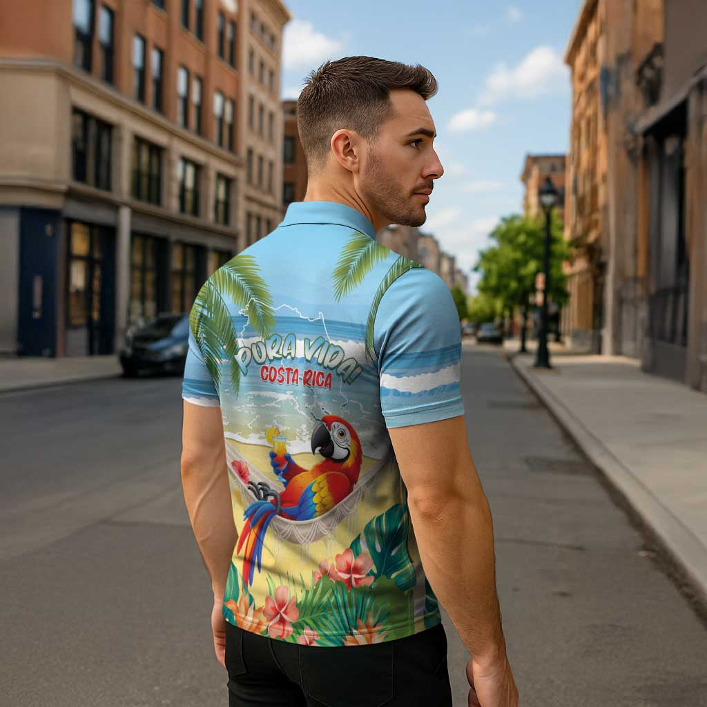 Pura Vida Costa Rica Zipper Polo Shirt Chilling Scarlet Macaw Tropical Vibes - Wonder Print Shop