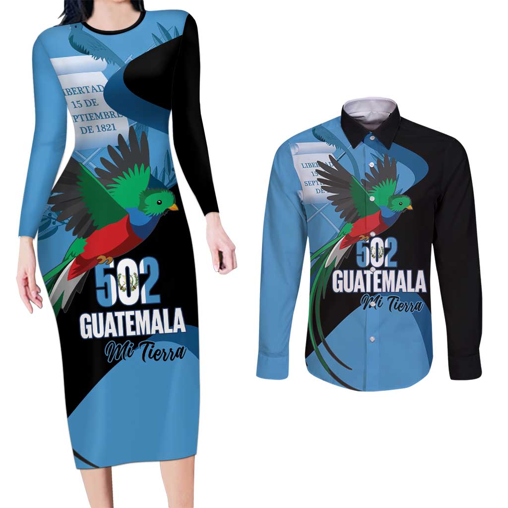 Guatemala Independence Day Couples Matching Long Sleeve Bodycon Dress and Long Sleeve Button Shirt 502 Mi Tierra Resplendent Quetzal - Wonder Print Shop