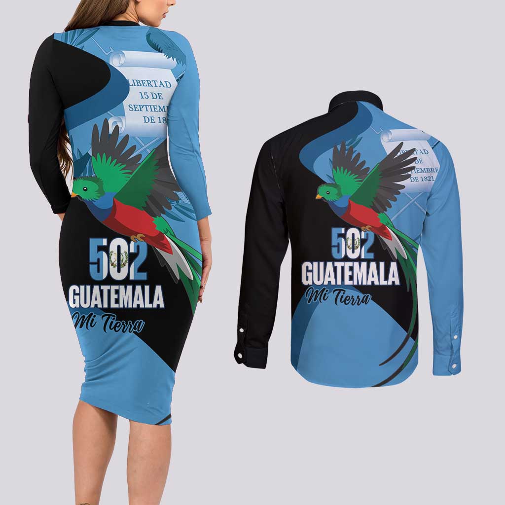 Guatemala Independence Day Couples Matching Long Sleeve Bodycon Dress and Long Sleeve Button Shirt 502 Mi Tierra Resplendent Quetzal - Wonder Print Shop