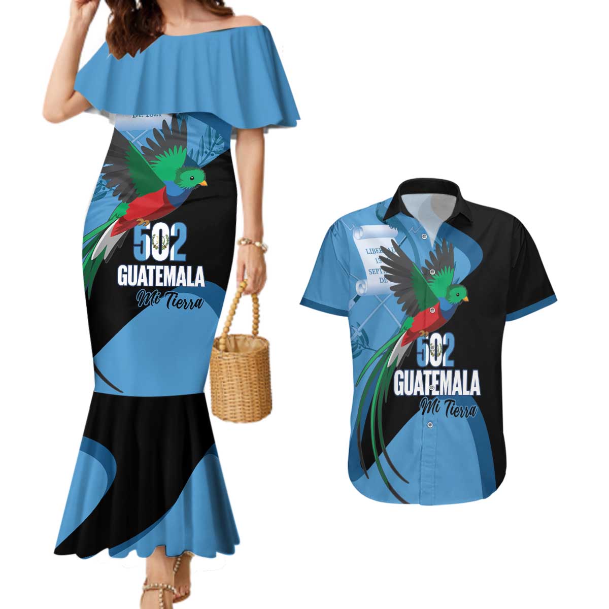 Guatemala Independence Day Couples Matching Mermaid Dress and Hawaiian Shirt 502 Mi Tierra Resplendent Quetzal - Wonder Print Shop