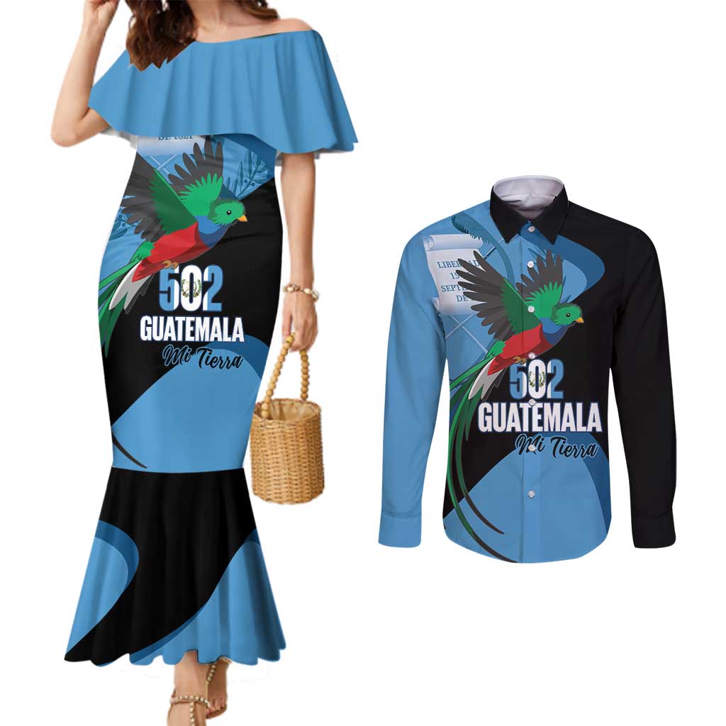 Guatemala Independence Day Couples Matching Mermaid Dress and Long Sleeve Button Shirt 502 Mi Tierra Resplendent Quetzal - Wonder Print Shop