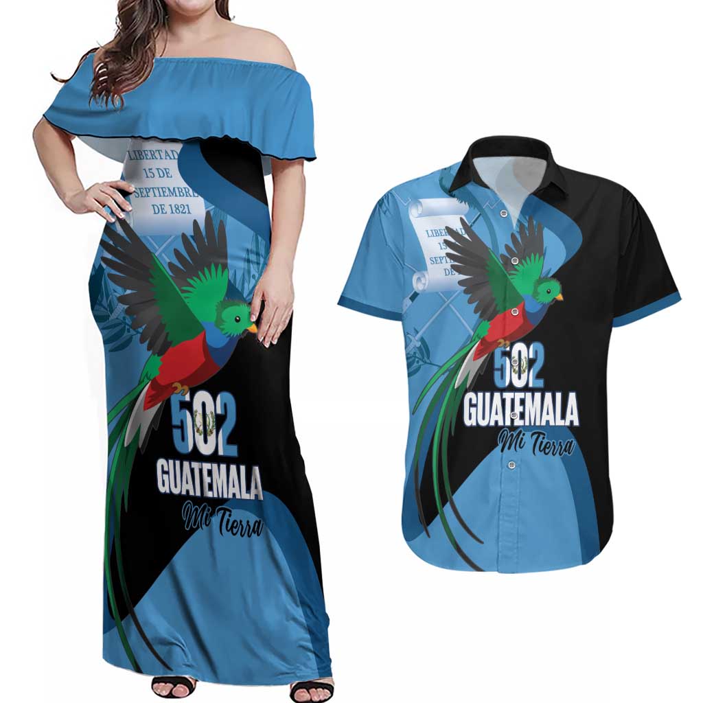 Guatemala Independence Day Couples Matching Off Shoulder Maxi Dress and Hawaiian Shirt 502 Mi Tierra Resplendent Quetzal - Wonder Print Shop