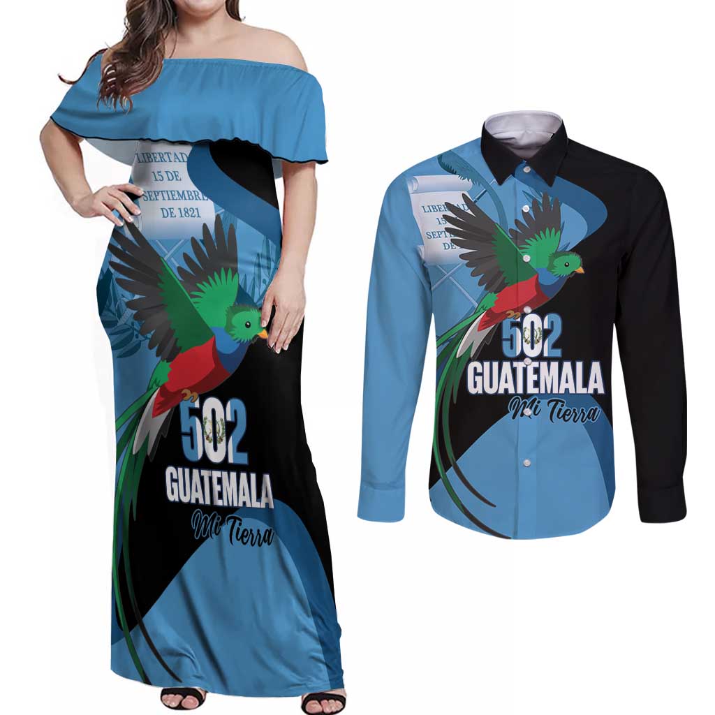 Guatemala Independence Day Couples Matching Off Shoulder Maxi Dress and Long Sleeve Button Shirt 502 Mi Tierra Resplendent Quetzal - Wonder Print Shop