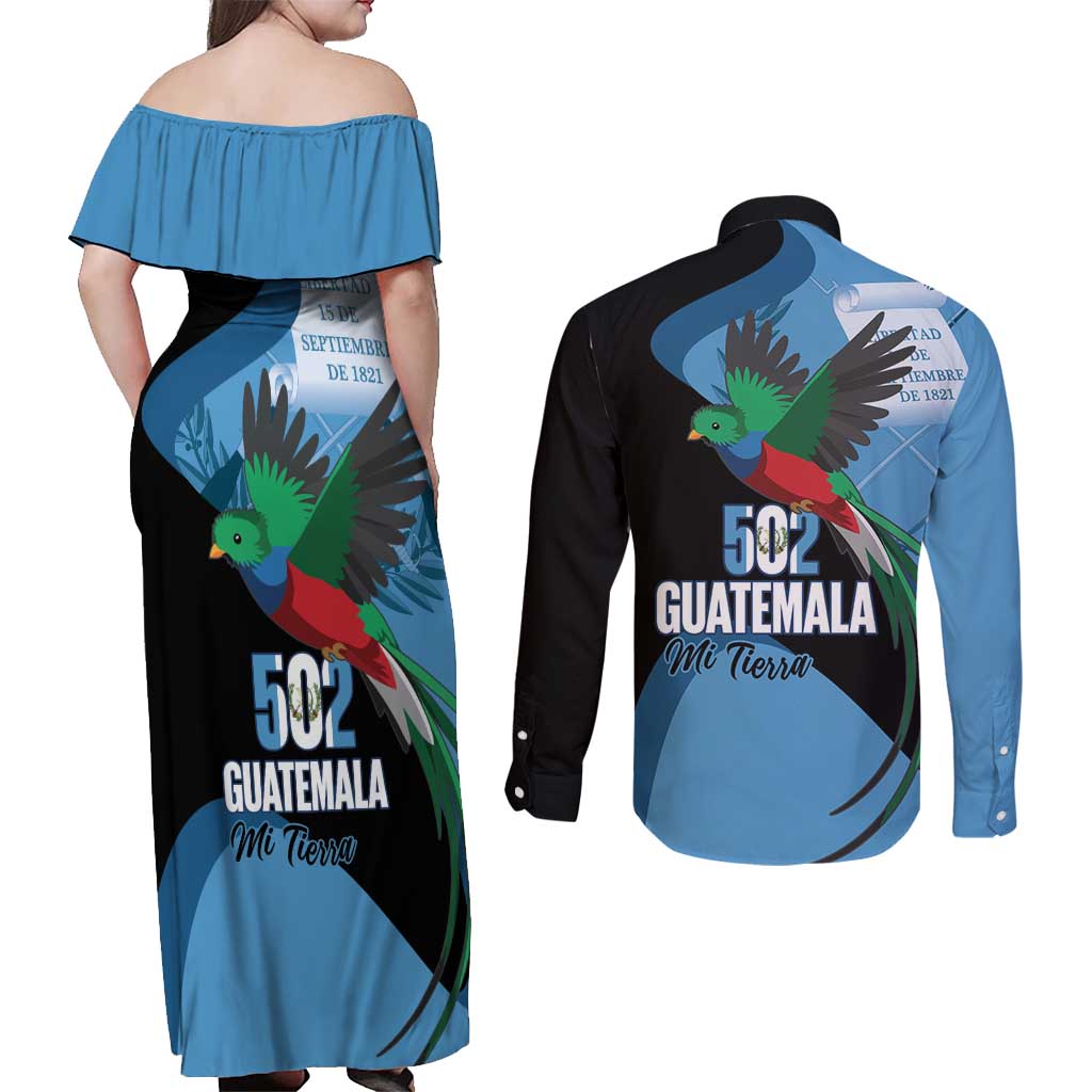 Guatemala Independence Day Couples Matching Off Shoulder Maxi Dress and Long Sleeve Button Shirt 502 Mi Tierra Resplendent Quetzal - Wonder Print Shop