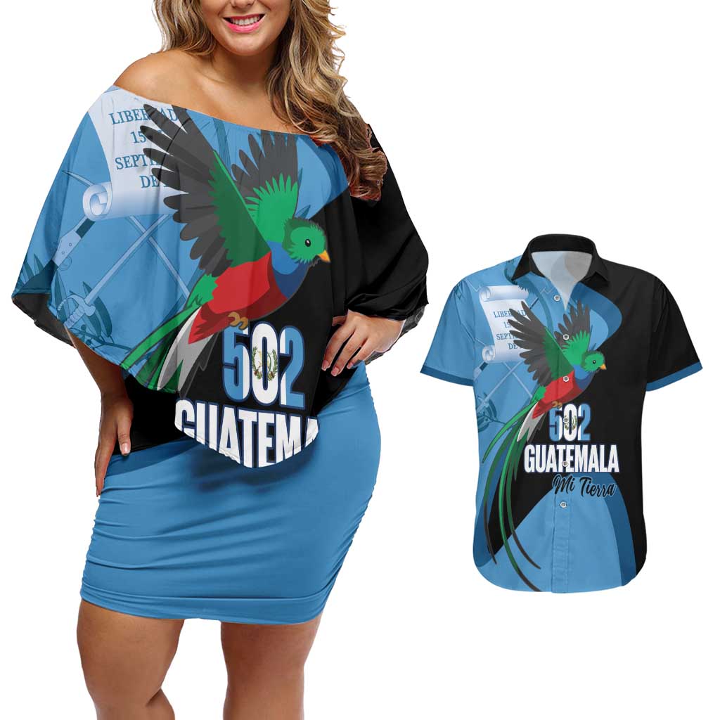 Guatemala Independence Day Couples Matching Off Shoulder Short Dress and Hawaiian Shirt 502 Mi Tierra Resplendent Quetzal - Wonder Print Shop