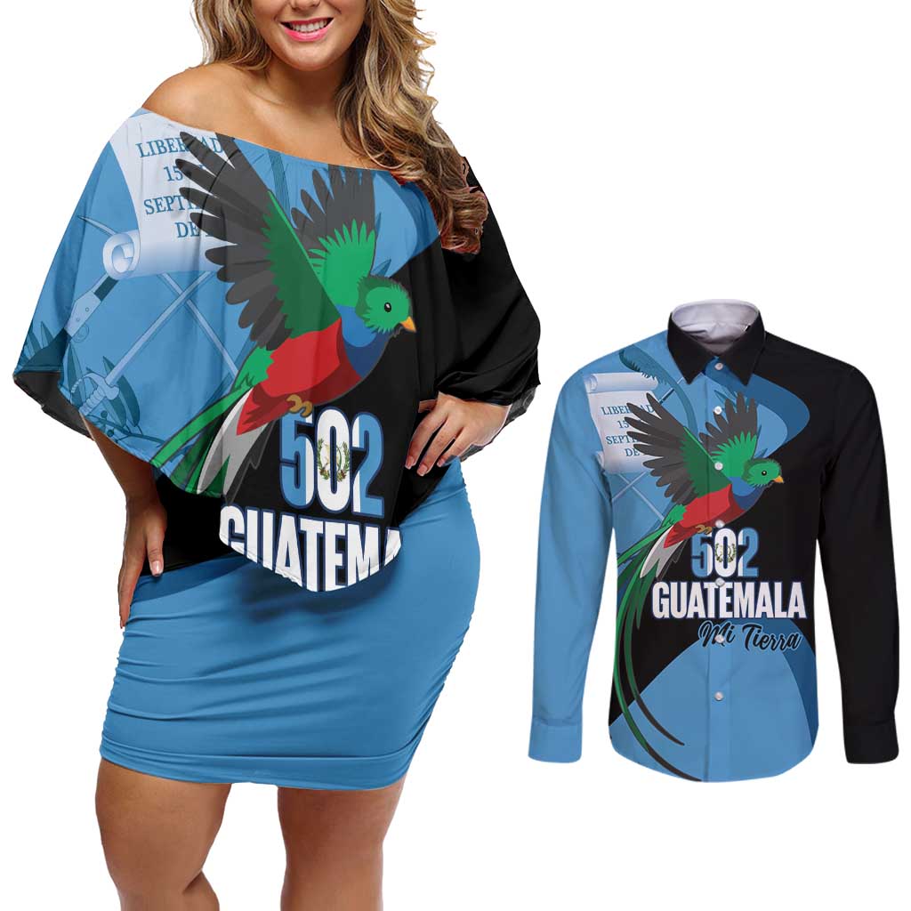 Guatemala Independence Day Couples Matching Off Shoulder Short Dress and Long Sleeve Button Shirt 502 Mi Tierra Resplendent Quetzal - Wonder Print Shop