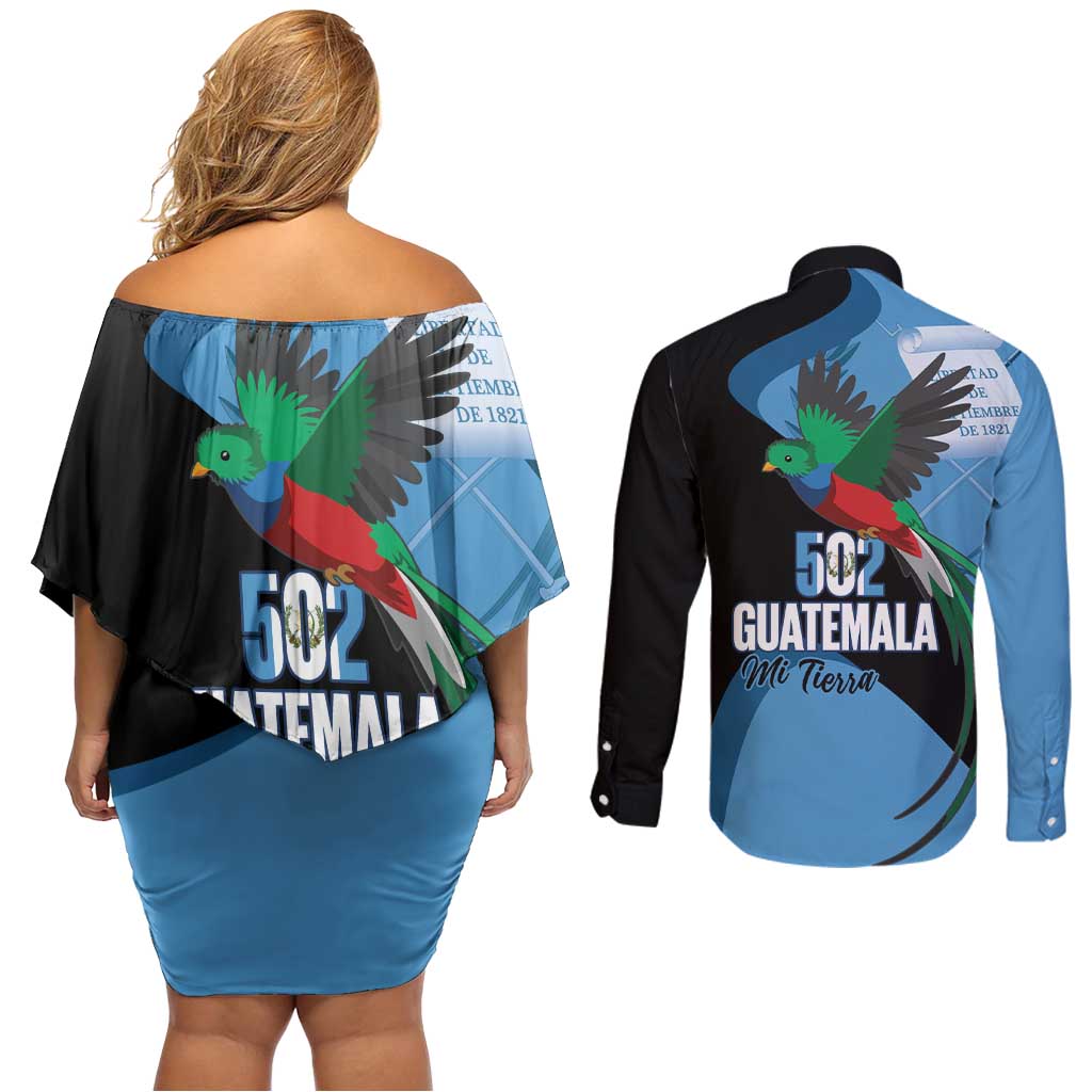 Guatemala Independence Day Couples Matching Off Shoulder Short Dress and Long Sleeve Button Shirt 502 Mi Tierra Resplendent Quetzal - Wonder Print Shop
