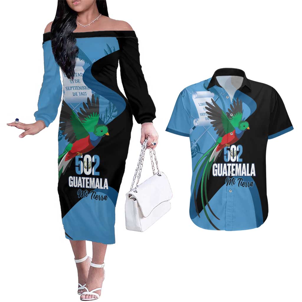 Guatemala Independence Day Couples Matching Off The Shoulder Long Sleeve Dress and Hawaiian Shirt 502 Mi Tierra Resplendent Quetzal - Wonder Print Shop
