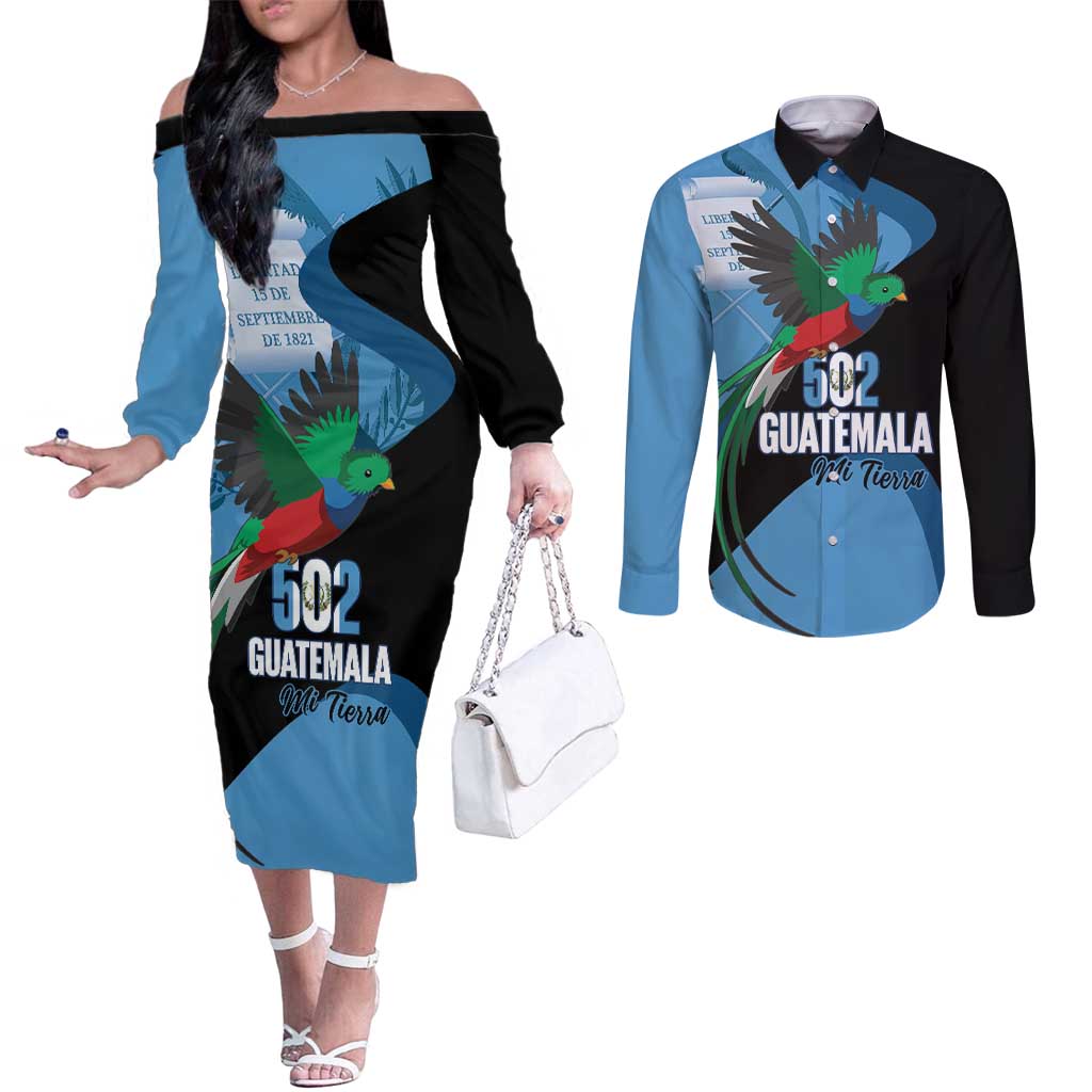 Guatemala Independence Day Couples Matching Off The Shoulder Long Sleeve Dress and Long Sleeve Button Shirt 502 Mi Tierra Resplendent Quetzal - Wonder Print Shop
